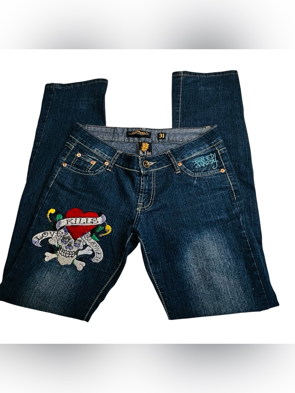 Ed Hardy Iconic Vintage “Love Kills Slowly” Straight Leg Embellished Jeans Sz-31